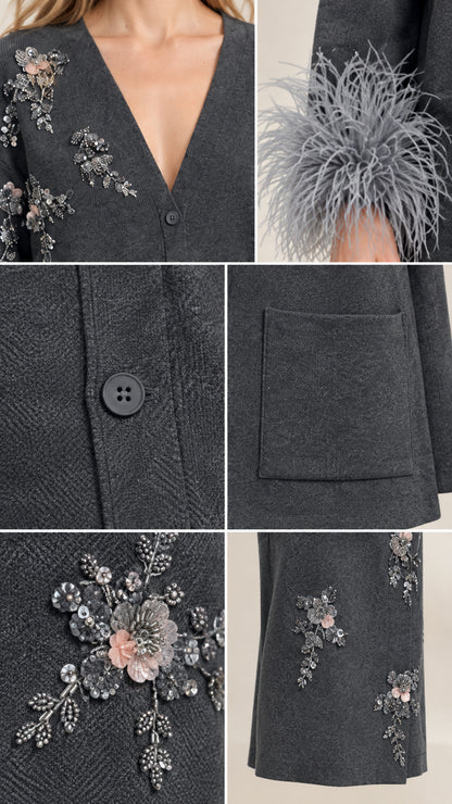 Close-up detail of V-neckline, floral beadwork, feather trim, and pocket on knit set