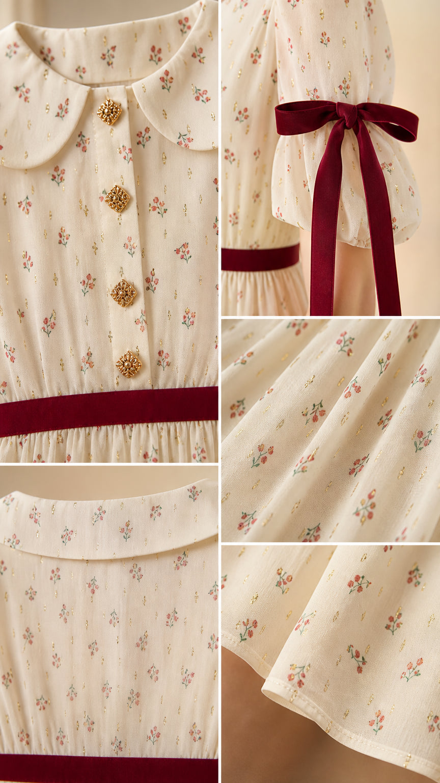 Close-up details of collar, ornate buttons, sleeve bows, and floral fabric