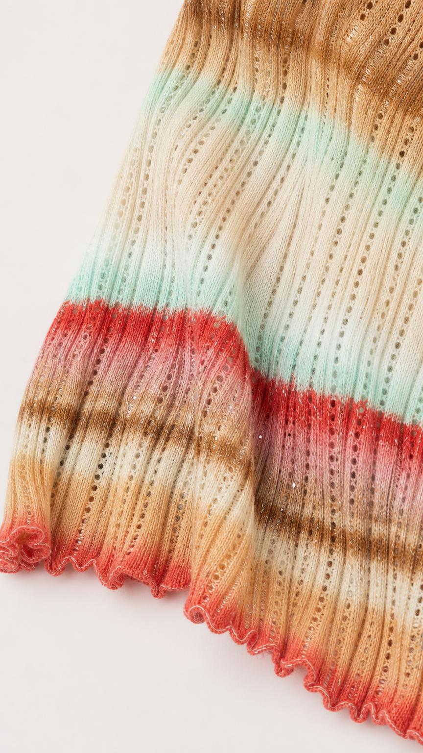 Close-up of knit fabric texture and flared hem detail
