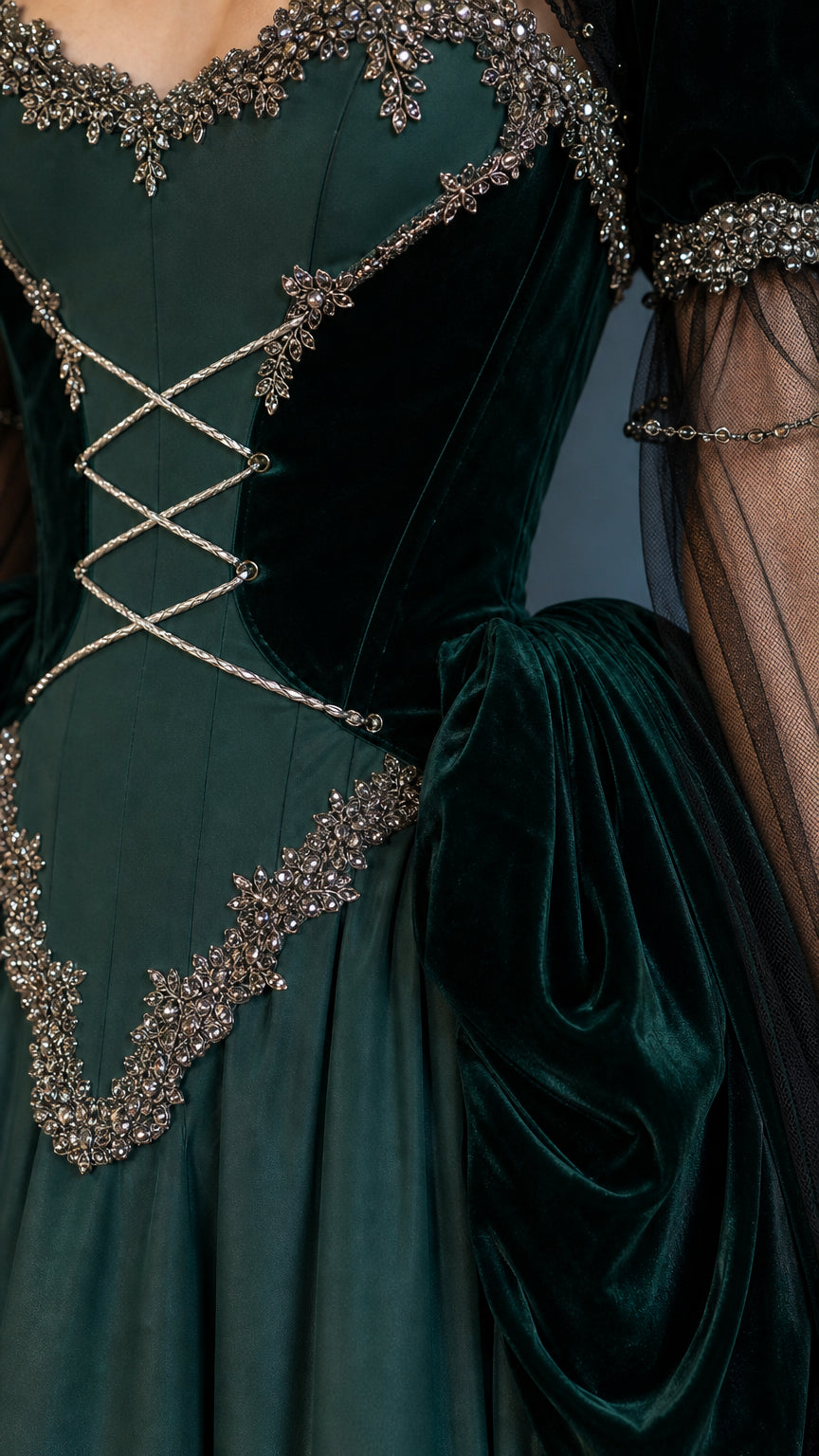 Close-up detail of bodice embroidery and corset lacing in forest green