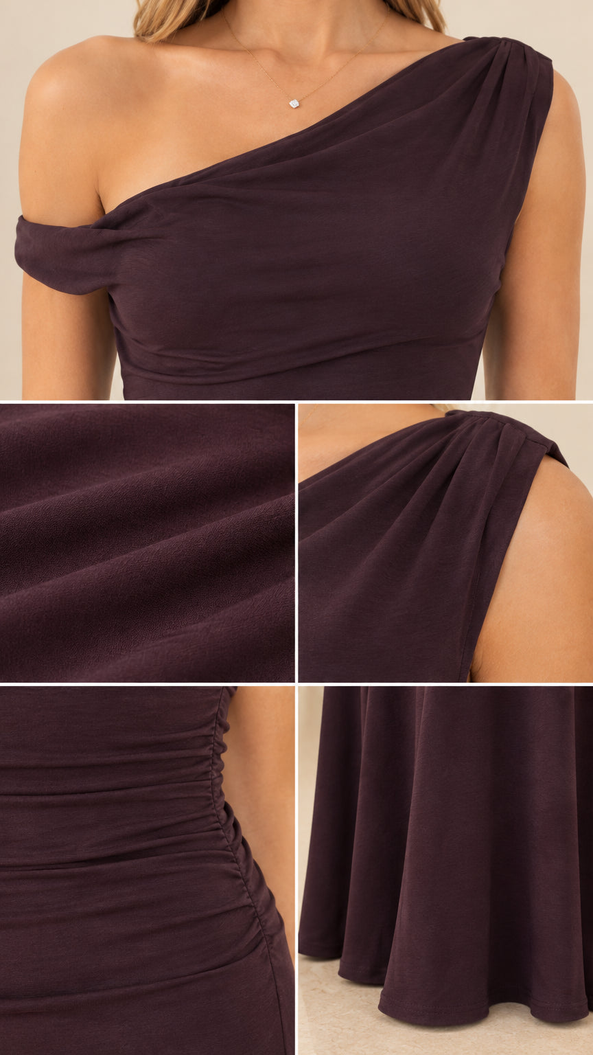 Close-up details of asymmetrical neckline, gathered ruching, and fabric texture