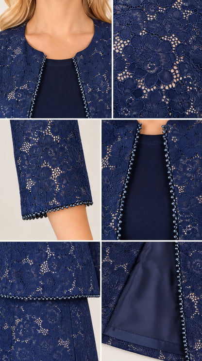 Close-up details of delicate beaded trim and floral lace fabric on navy jacket set