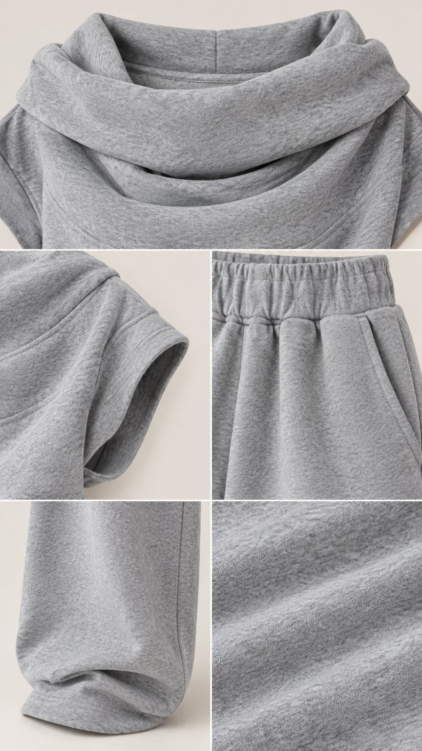 Close-up details of cowl neckline, sleeve cuff, gathered elastic waistband with pockets, and soft fleece texture