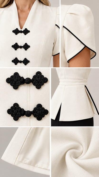Close-up details of frog knot closures, notched neckline, puff sleeves, and fabric texture