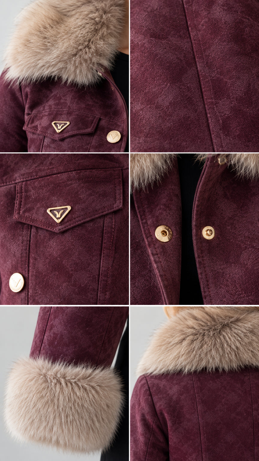 Close-up details of faux suede texture, snap closure, metal hardware, and plush fur trim