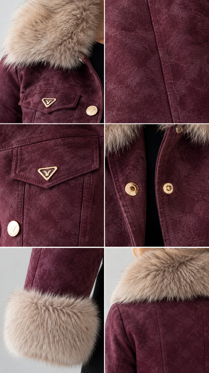 Close-up details of faux suede texture, snap closure, metal hardware, and plush fur trim
