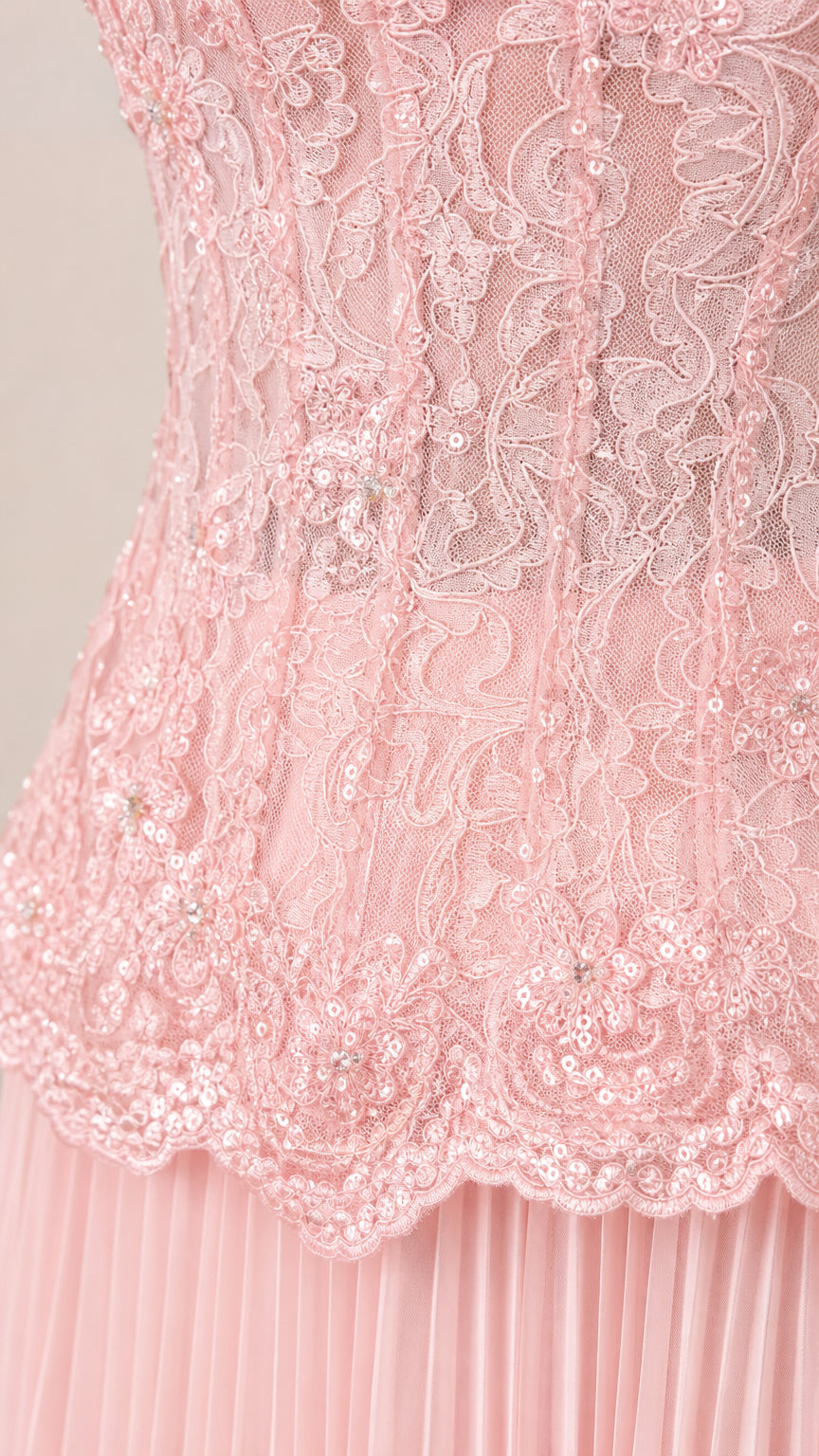 Close-up detail of Blush Pink floral embroidered lace bodice with delicate sequin embellishments