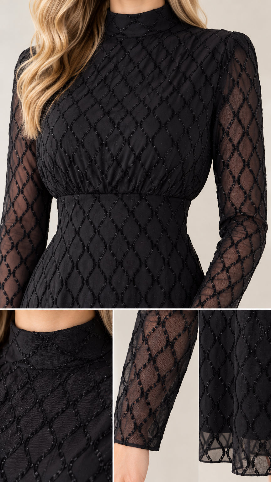 Close-up details of neckline, bodice texture, and sheer diamond mesh sleeve in black