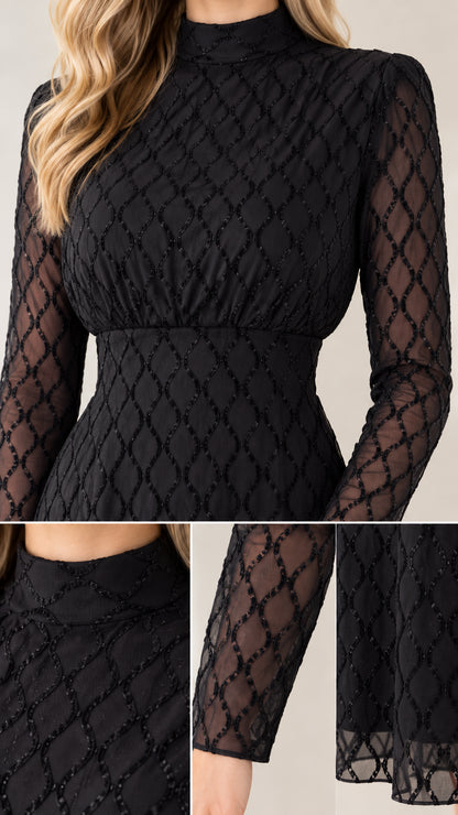 Close-up details of neckline, bodice texture, and sheer diamond mesh sleeve in black
