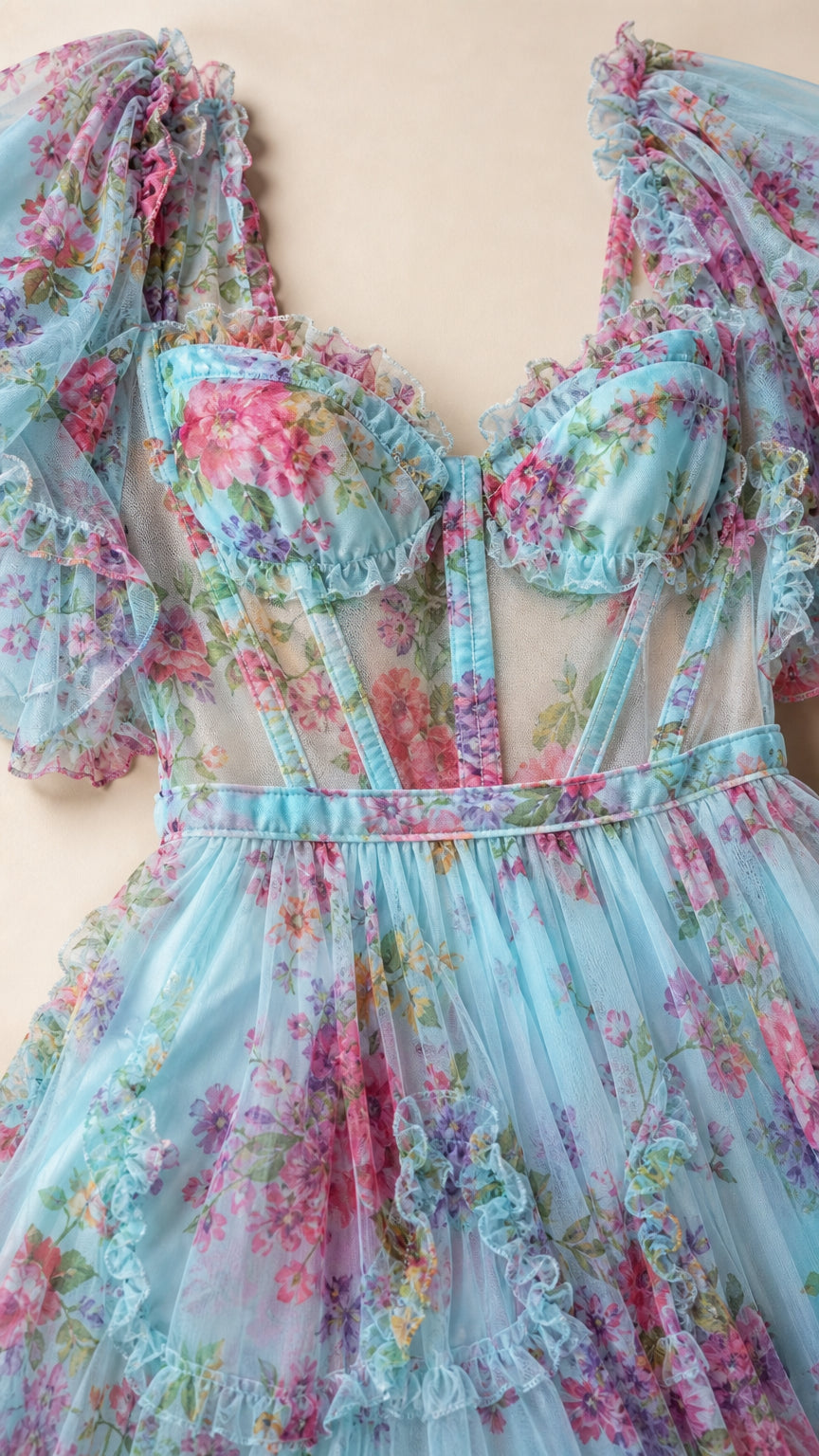 Close-up detail of sweetheart neckline with sheer boned corset bodice and floral tulle ruffles
