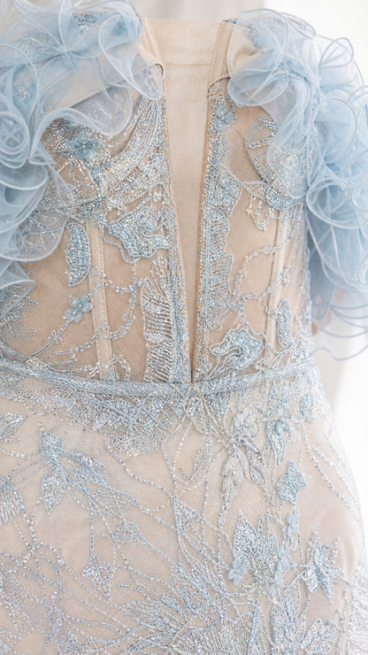 Close-up detail of illusion bodice and ruffle sleeves