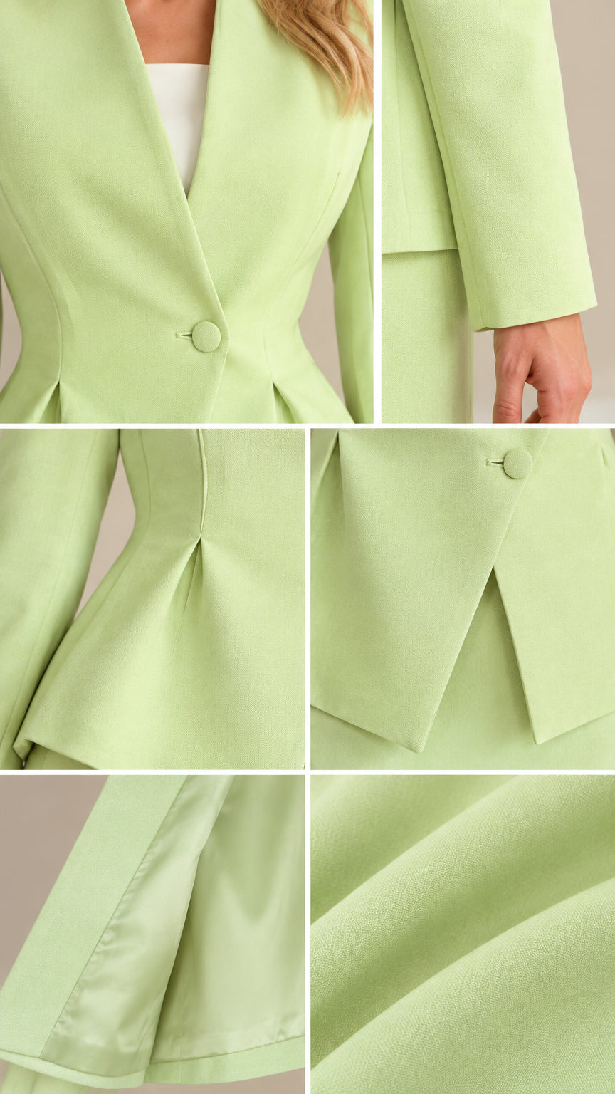 Close-up details of mint green blazer lapel, single button, peplum pleats, and lining