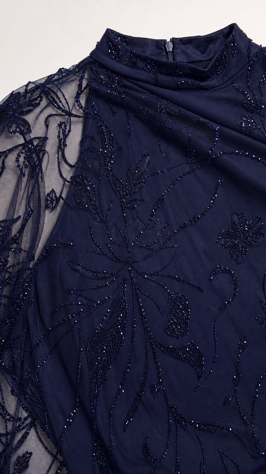 Close-up of mock neck and floral embroidery details in Navy