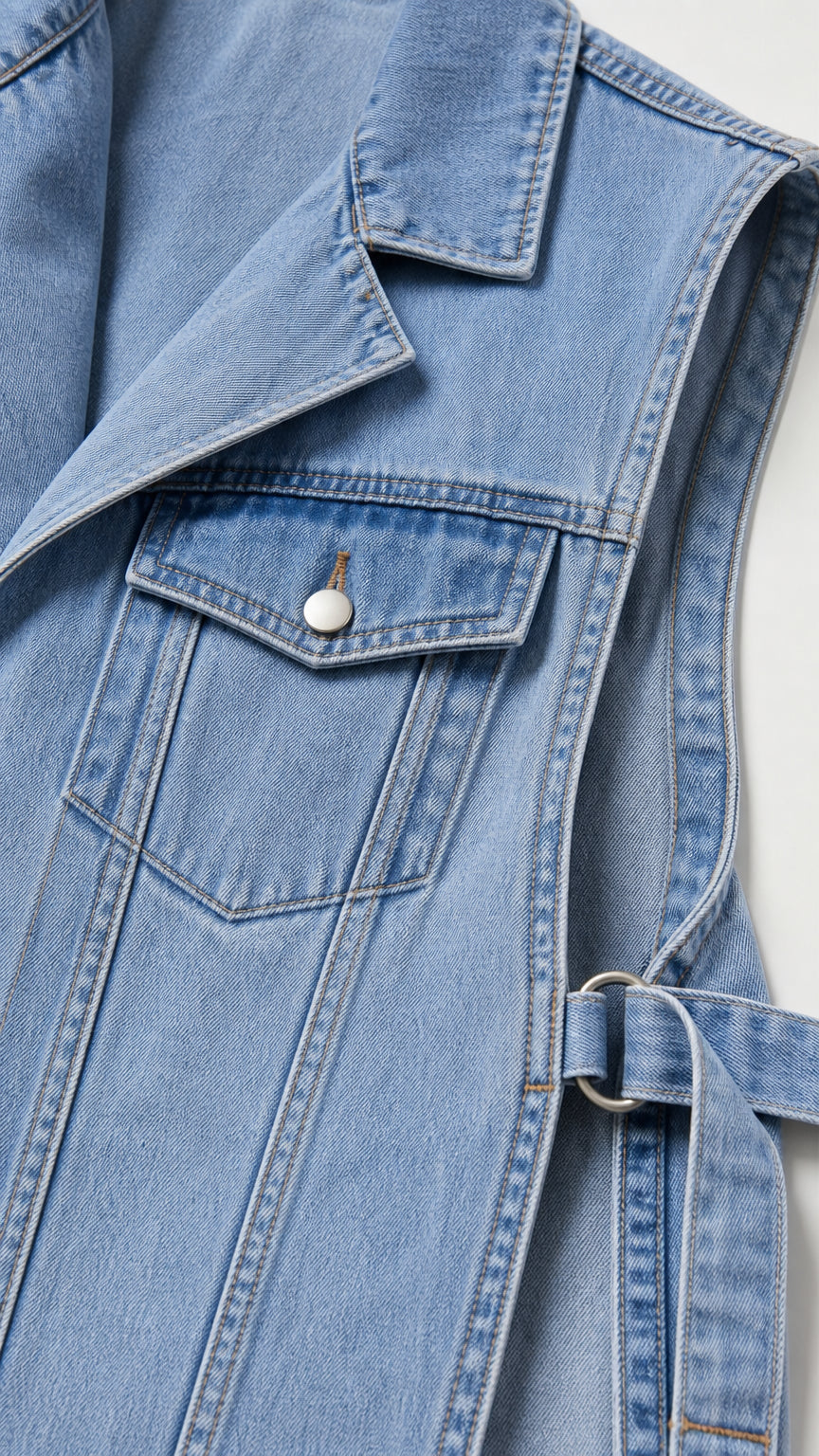 Close-up of lapel, chest pocket, and side buckle on light blue denim vest