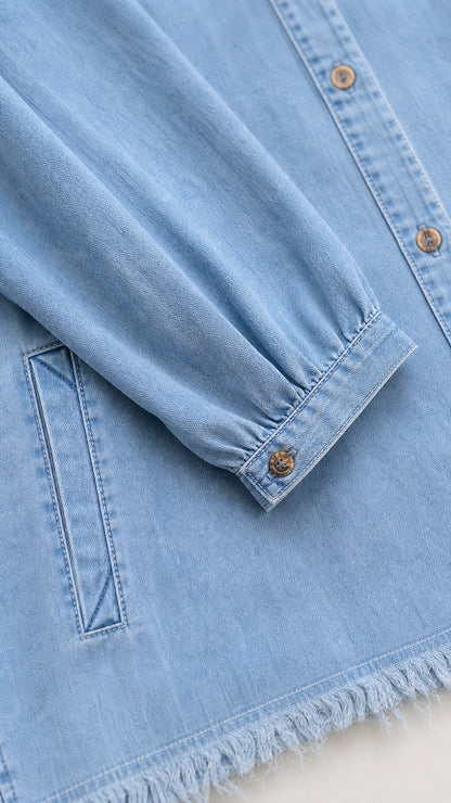 Close-up detail of sleeve cuff, pocket, and raw hem