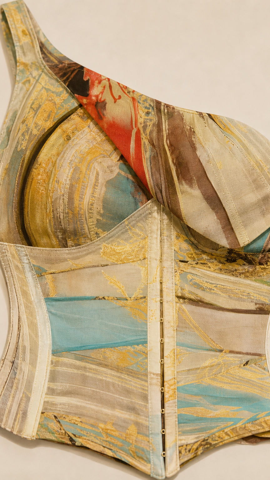 Close-up detail of structured boned corset bodice and marble fabric print