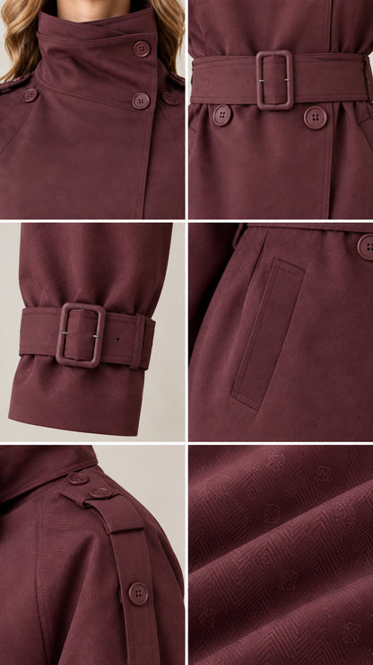 Detail view collage showing high button collar, belt buckle, cuff strap, pocket, and fabric texture