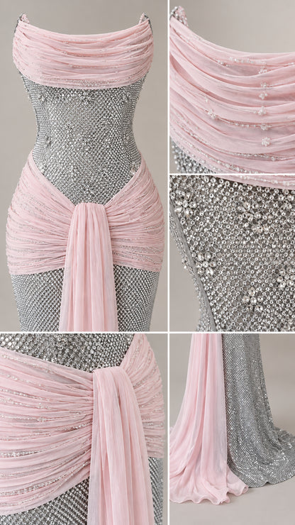 Close-up details of ruched chiffon neckline and rhinestone embellishments