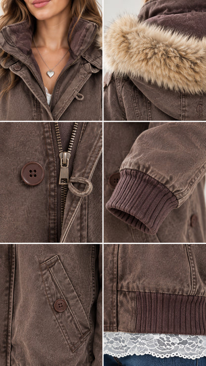 Close-up details of collar, faux fur hood, zip and button placket, ribbed cuffs, and pockets