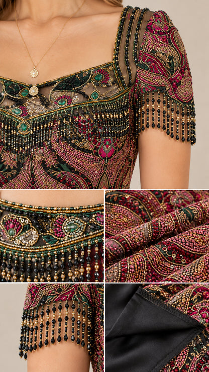Close-up detail shots of ornate beadwork, fringe sleeve tassels, and smooth inner lining