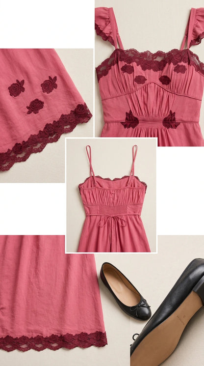 Close-up details of lace trim, floral embroidery, back tie, and flat shoes