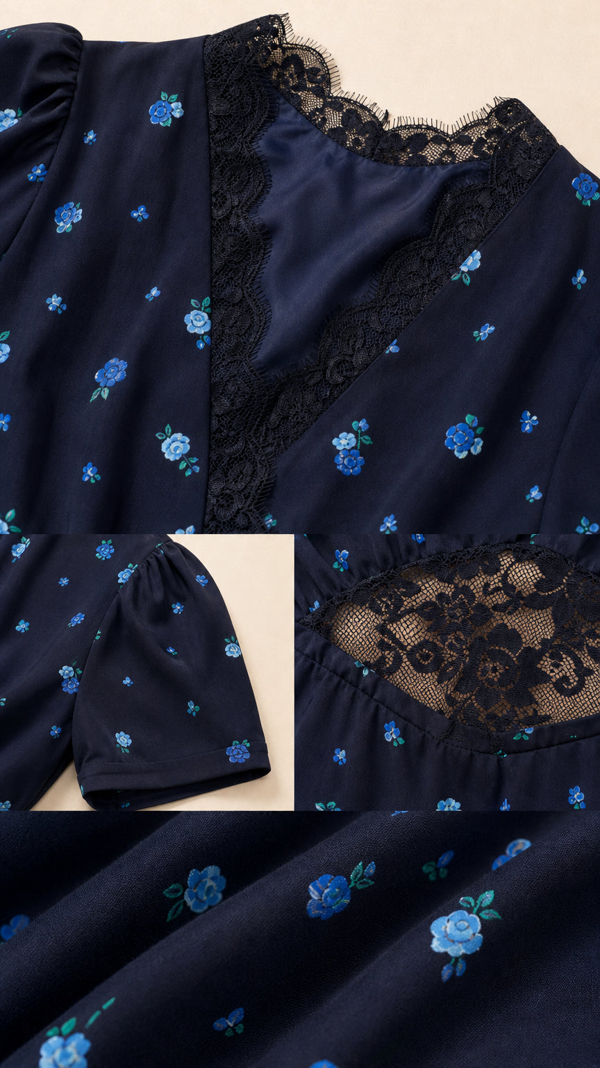 Close-up detail of eyelash lace V-neckline and waist cutout on floral dress