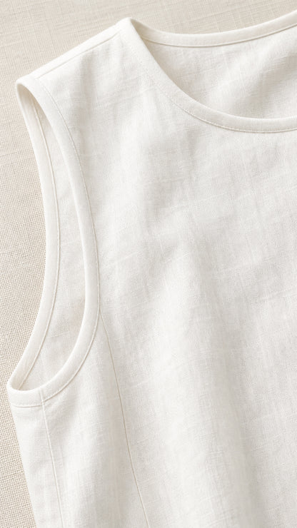 Close-up detail of neckline and textured woven linen fabric