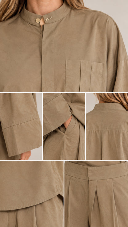 Close-up detail shots showing mandarin collar, pocket, cuff, and pleats of the set