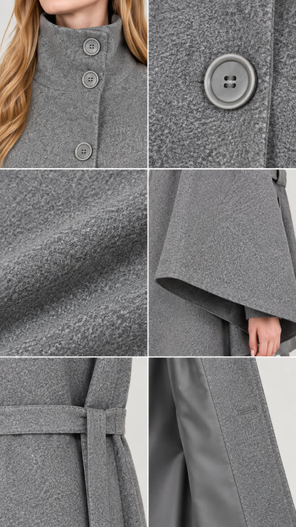 Close-up detail collage showing stand collar, buttons, textured fabric, sleeve hem, belt, and lining
