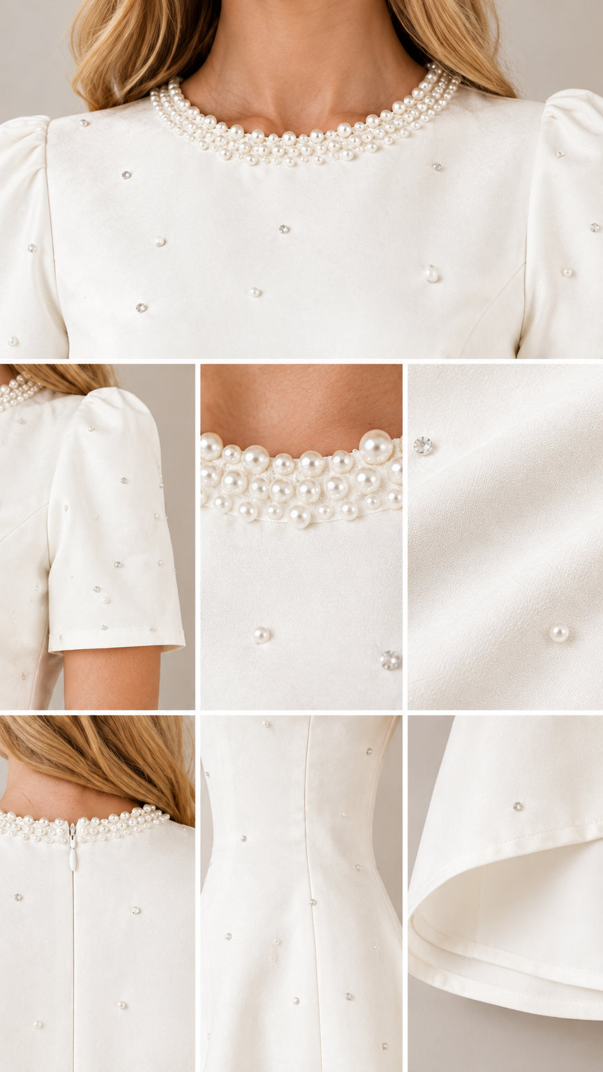 Detailed close-up views of pearl neckline trim, short sleeve, back zipper, and hem