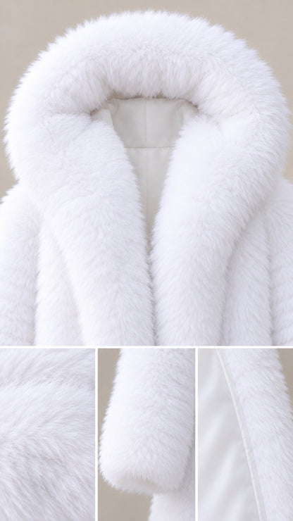Close-up details of plush white faux fur texture hood and lining