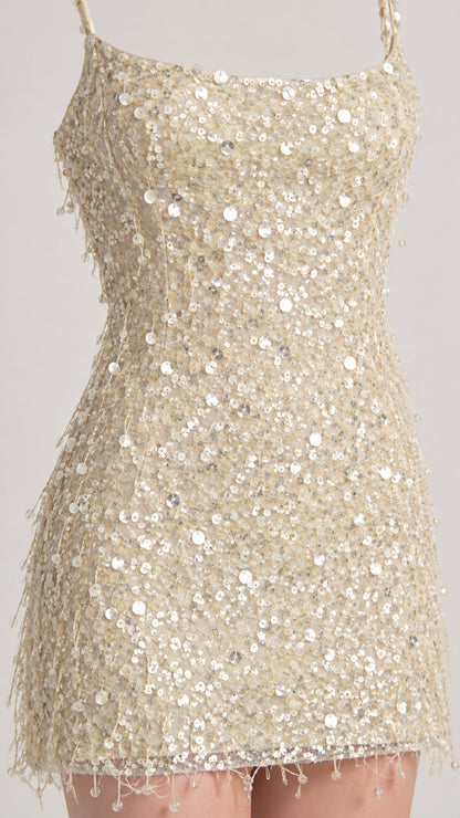 Close-up detail of shimmering sequins and delicate fringe trim