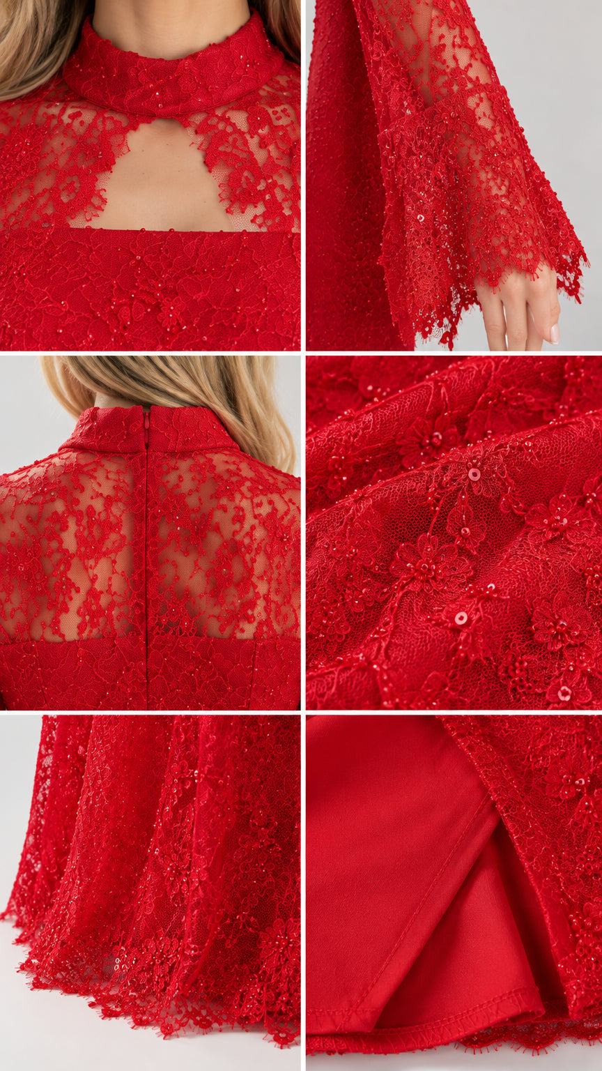 Close-up details of red sequin lace neckline keyhole, flared cuffs, and lining