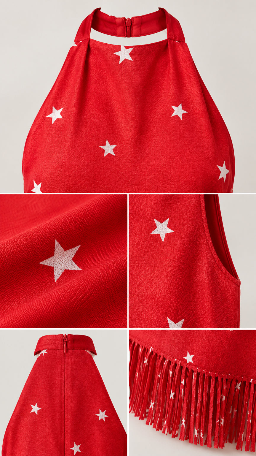 Close-up details of collar, star print fabric, zip closure, and fringe trim