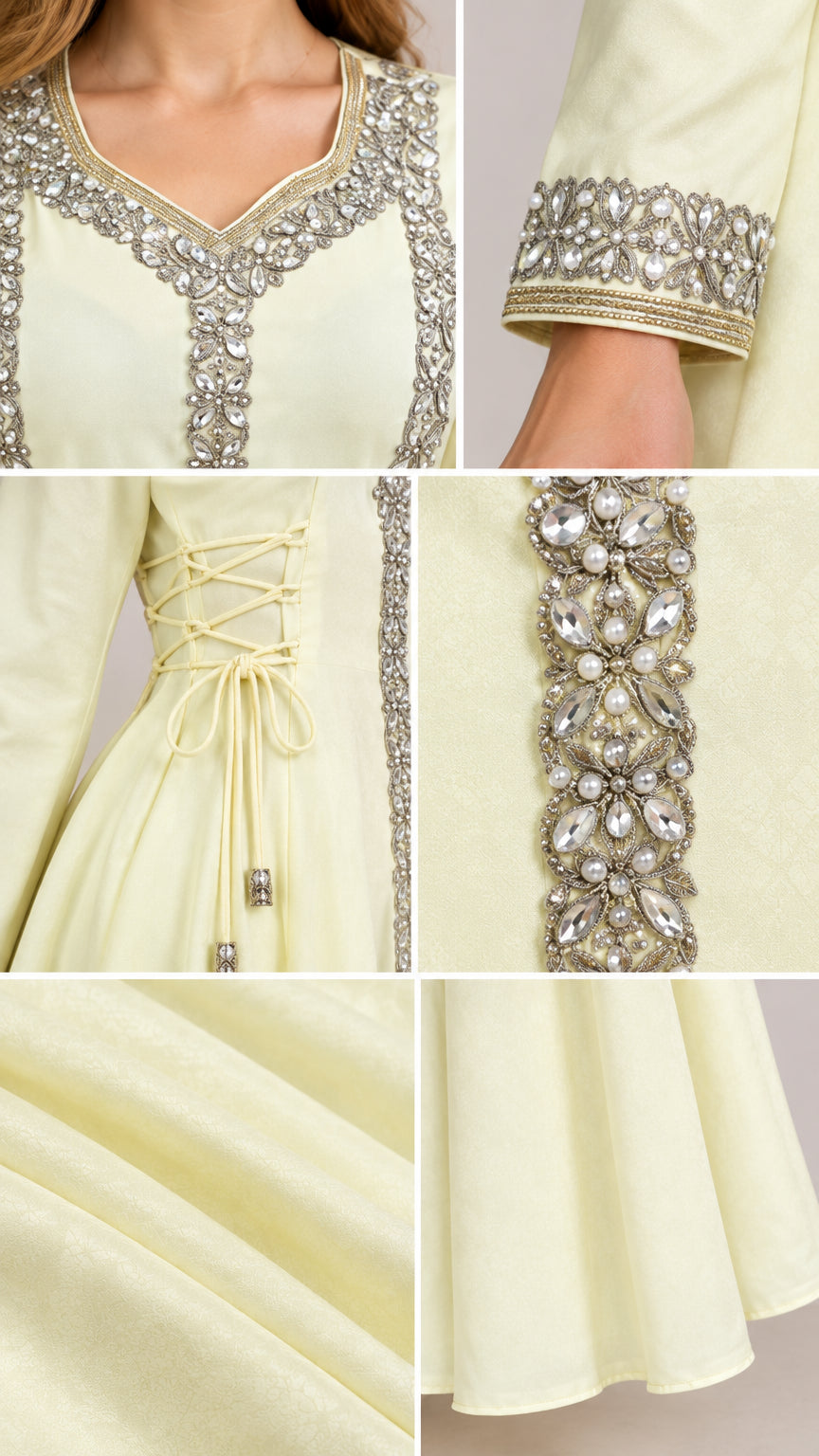 Close-up details of beaded neckline, pearl trim, side lace-up waist, and hem fabric