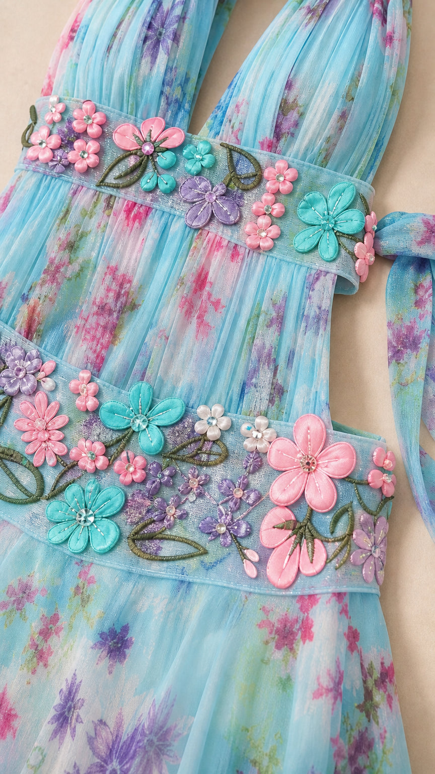 Close-up detail of 3D floral appliques, embroidery, and pleated chiffon fabric