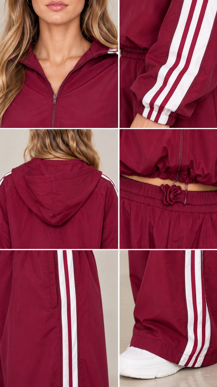 Detailed close-up views of burgundy tracksuit zipper, striped sleeves, hood, and drawstring waist