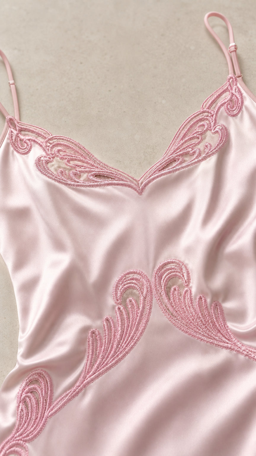 Close-up detail of scroll embroidery on Light Pink satin neckline
