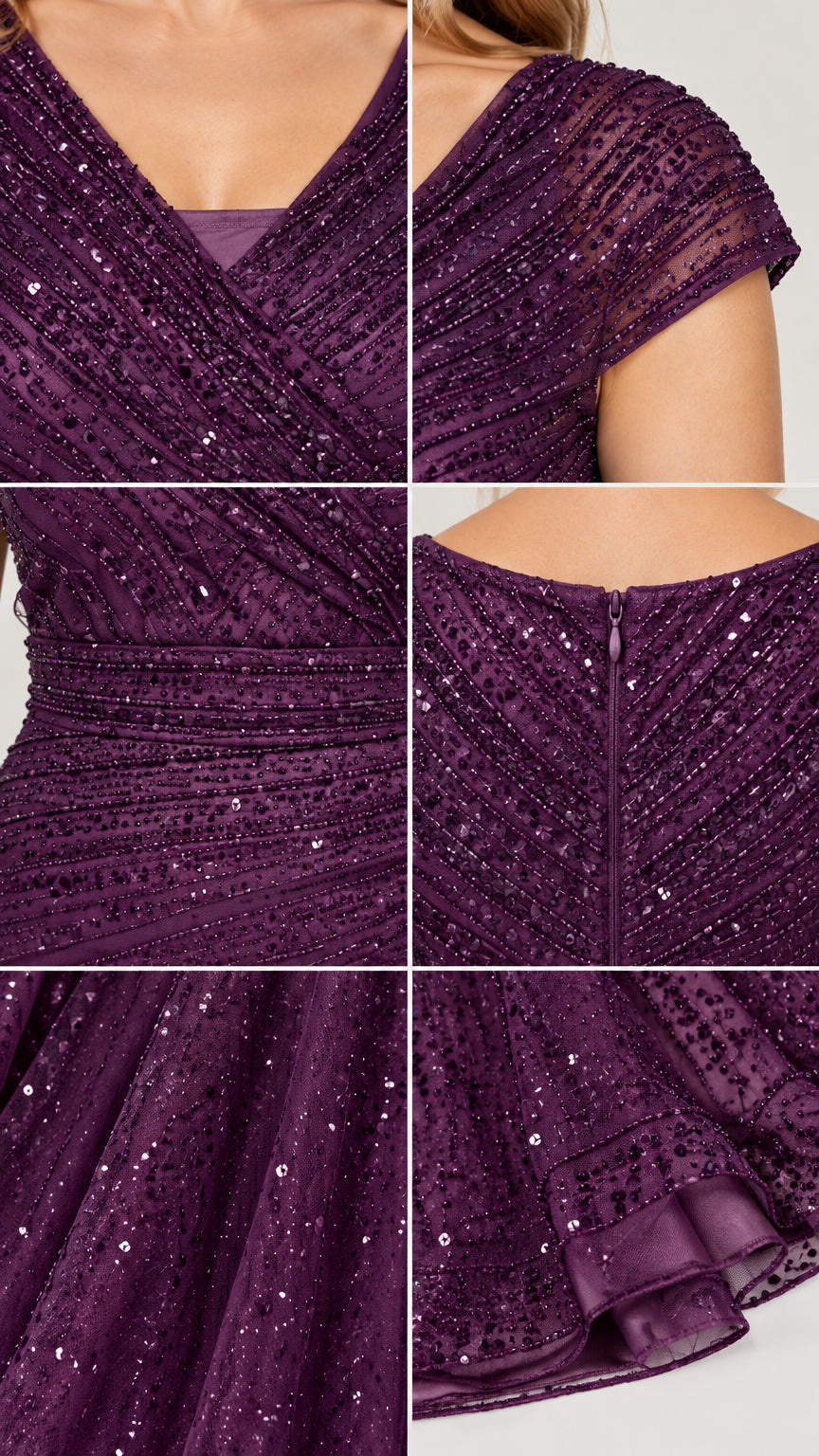 Close-up details of plum sequin embroidery, neckline, cap sleeve, and hem