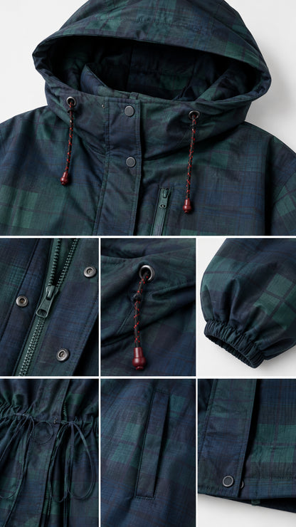 Close-up detail shots of hood, zipper placket, toggle cord, elastic cuff, and pockets on plaid jacket