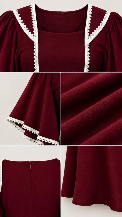 Detailed close-ups of square neckline, scalloped lace trim, flutter sleeve, fabric texture, and hidden back zipper