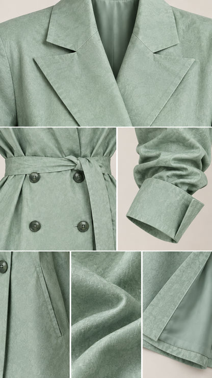 Close-up details of sage green blazer collar, double-breasted buttons, belt, and fabric texture