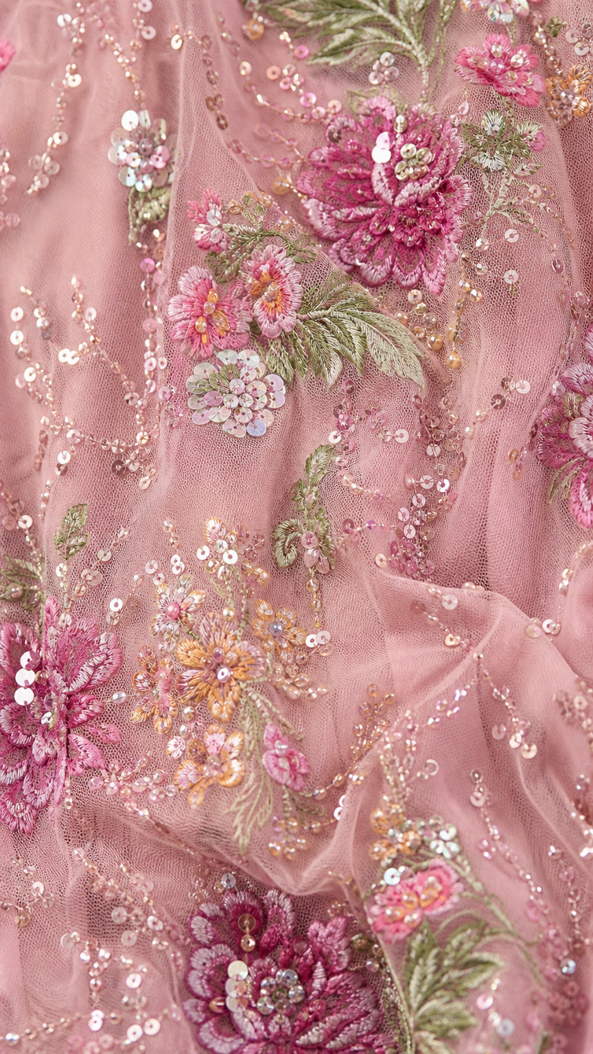 Close-up detail of sequin floral embroidery on sheer mesh fabric