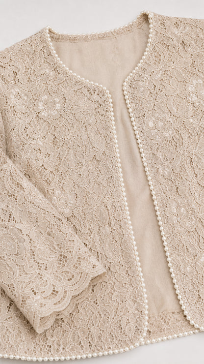 Close-up detail of Champagne Beige lace jacket showing scalloped cuffs and pearl beaded trim