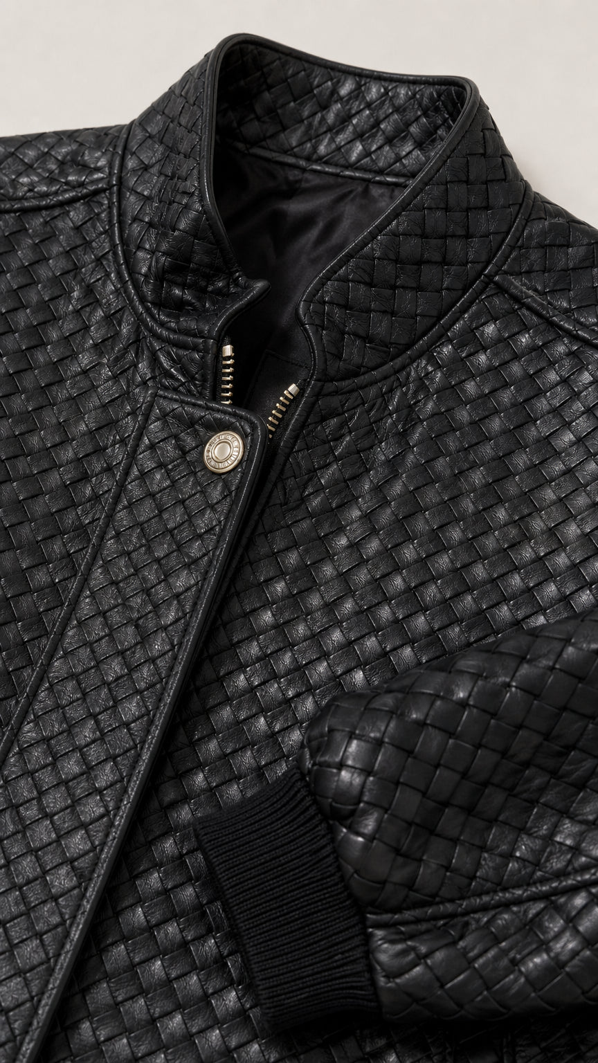 Close-up detail of black woven texture fabric, metal zipper, snap button, and ribbed collar