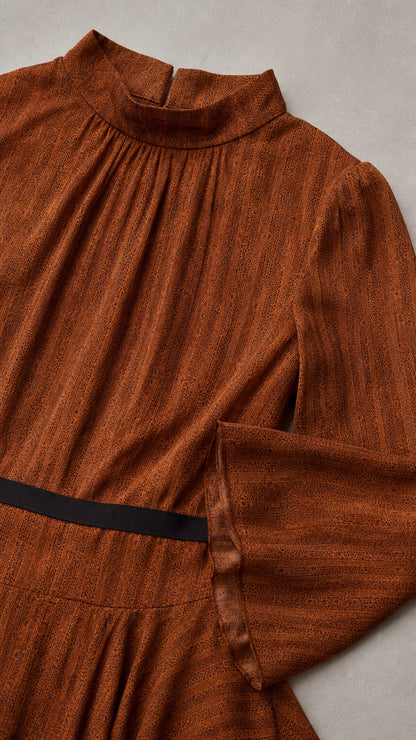 Close-up detail of textured fabric, mock neckline, and waistline on rust maxi dress