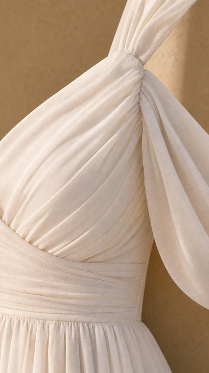 Close-up detail of pleated bodice and cold-shoulder strap construction