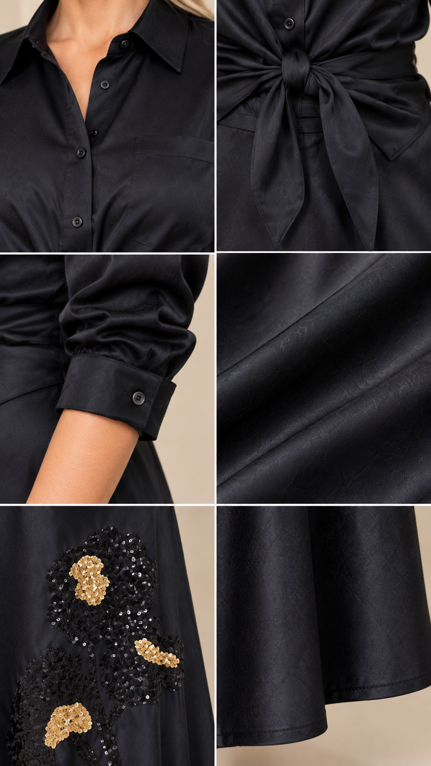 Close-up details of collar, waist tie, cuff, satin fabric texture, and sequin flower applique