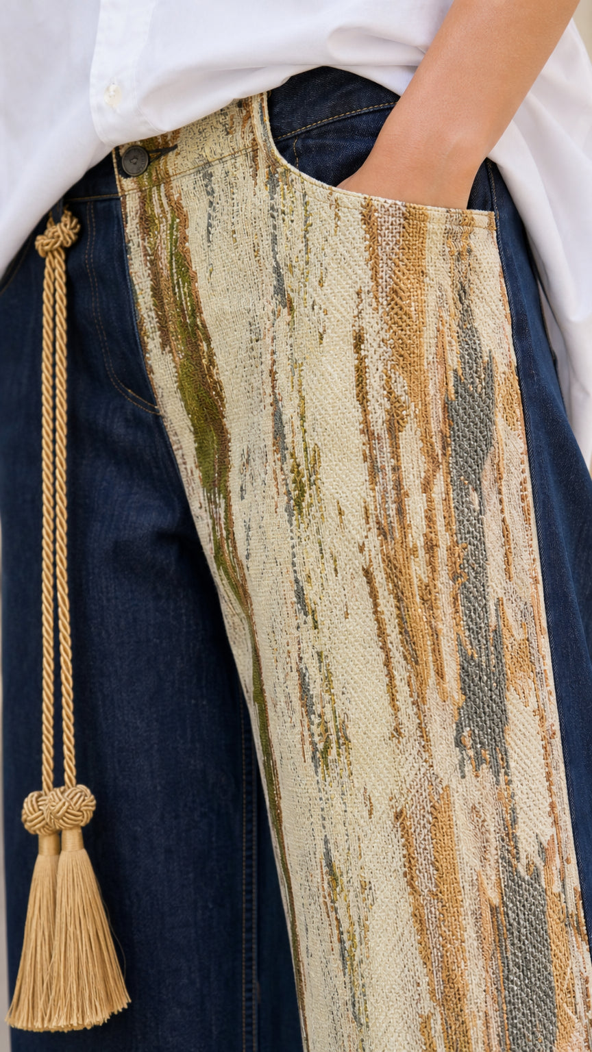 Close-up detail of the woven textured printed panel, denim waist, and braided tassel belt