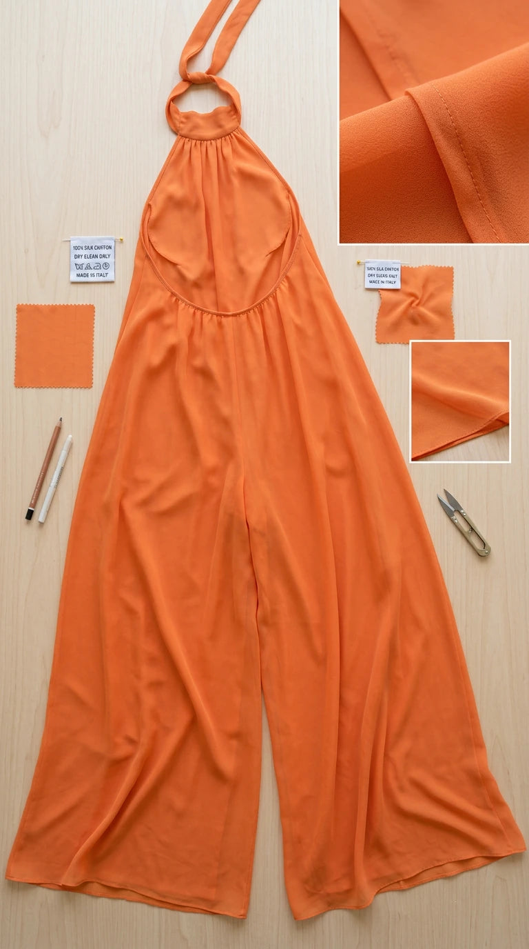 Flat lay of orange wide leg jumpsuit showing fabric texture and construction